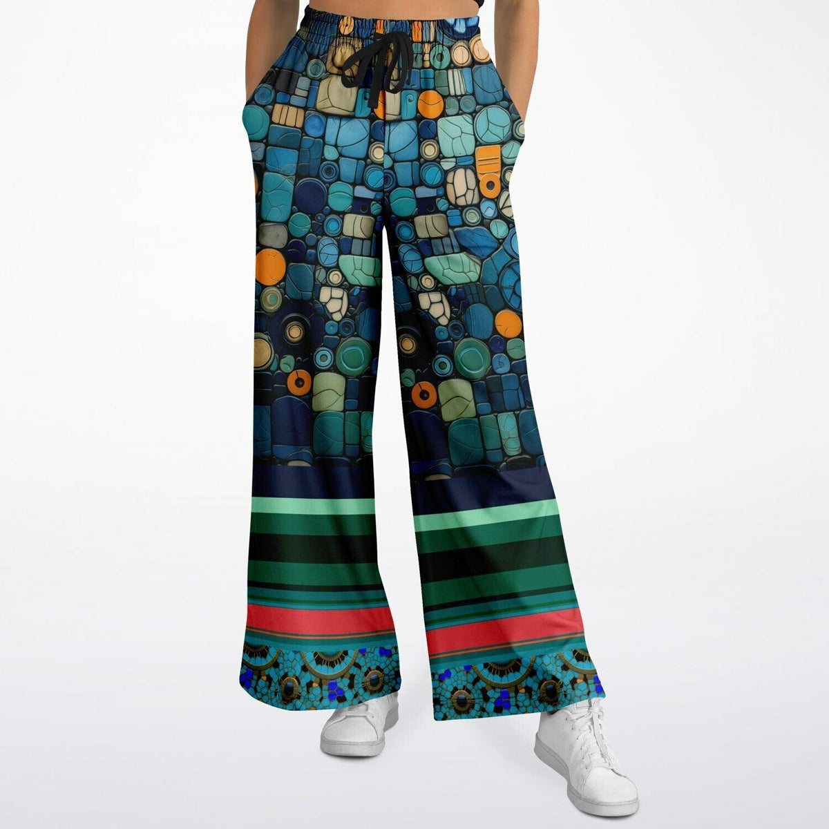 Frog on Koi Pond in Mosaic and Stripe Eco-Poly Wide Leg Pants