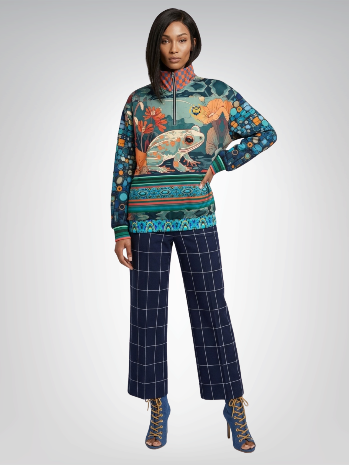 Frog on Koi Pond Floral Mosaic Stripe Heavyweight Oversized Quarter Zip Sweatshirt