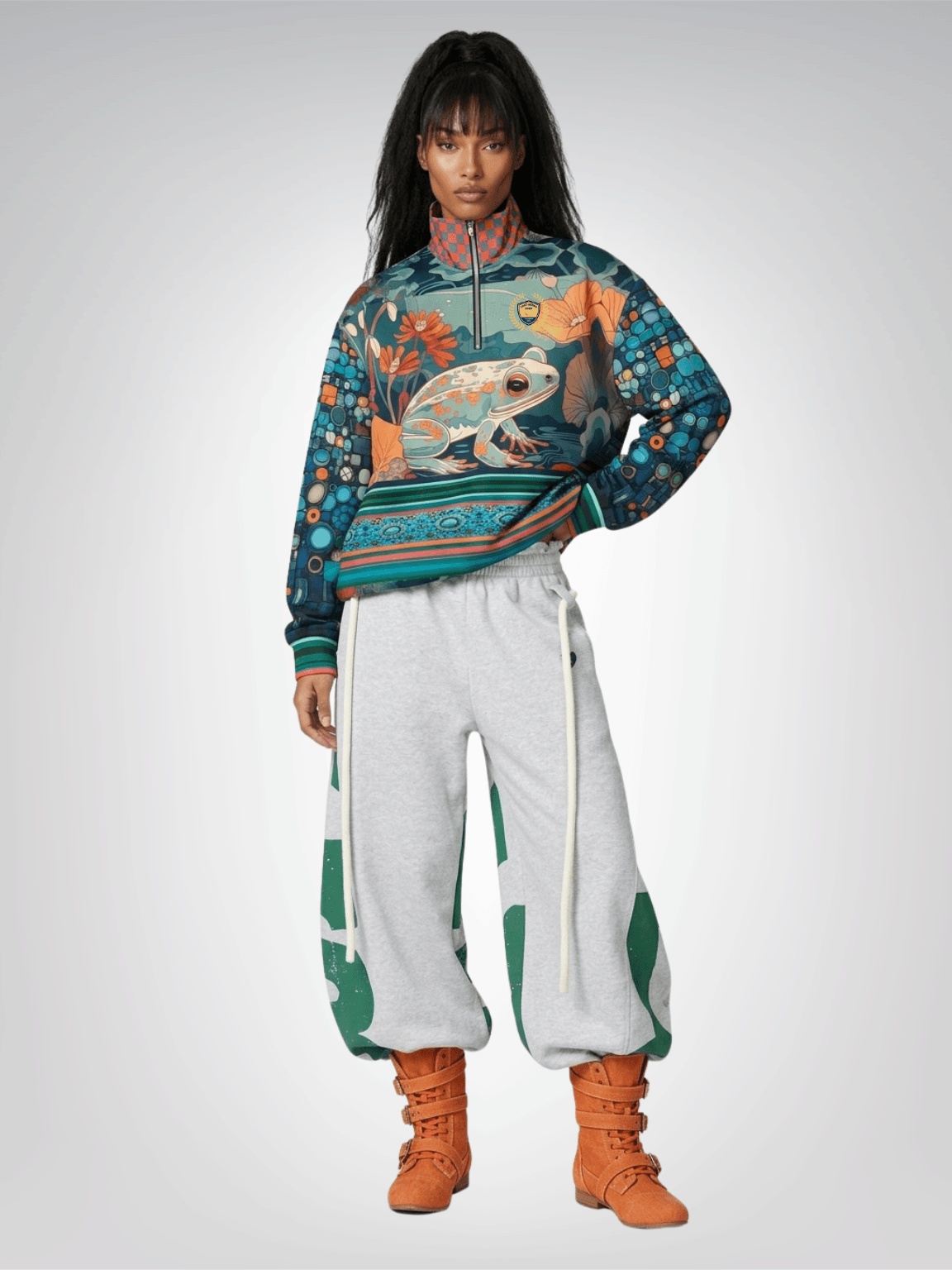 Frog on Koi Pond Floral Mosaic Stripe Heavyweight Oversized Quarter Zip Sweatshirt