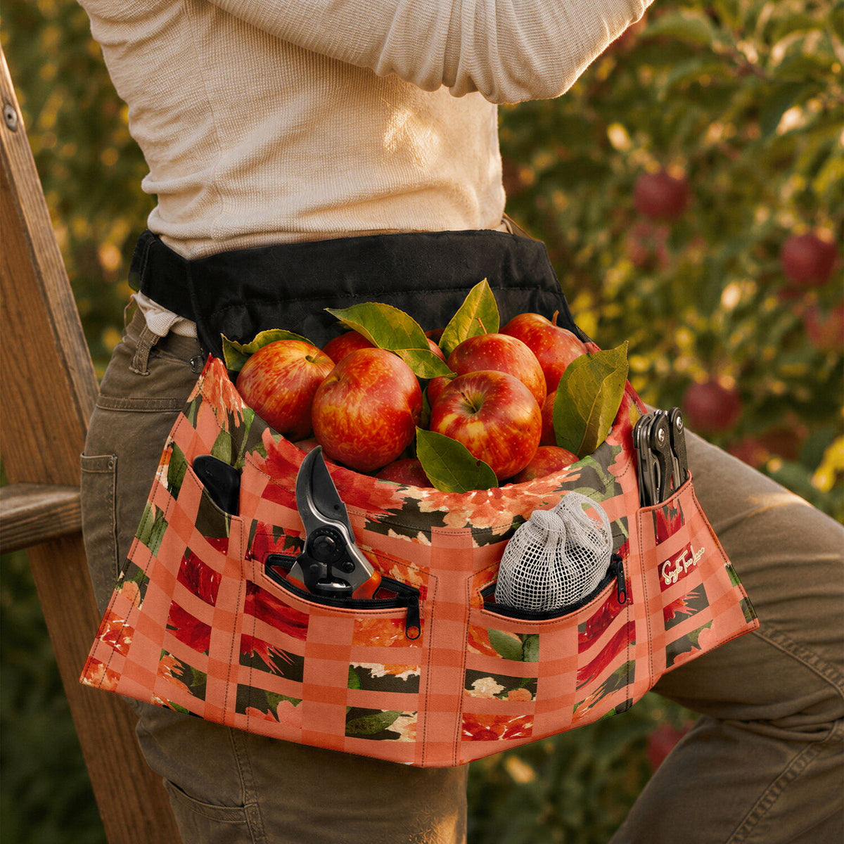 Tangerine Trellis in Coral Bloom Floral Garden Harvest Bag
