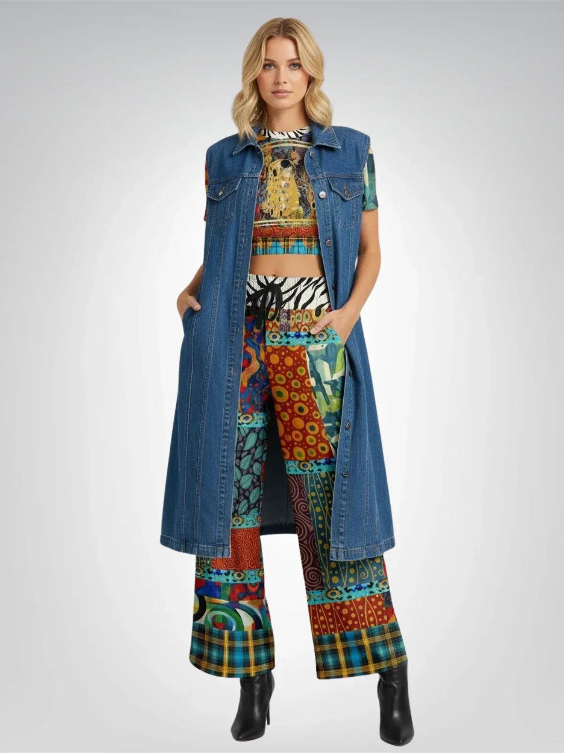 Give Me a Kiss - Klimt - Art Deco Patchwork Print Eco-Poly Wide Leg Pants