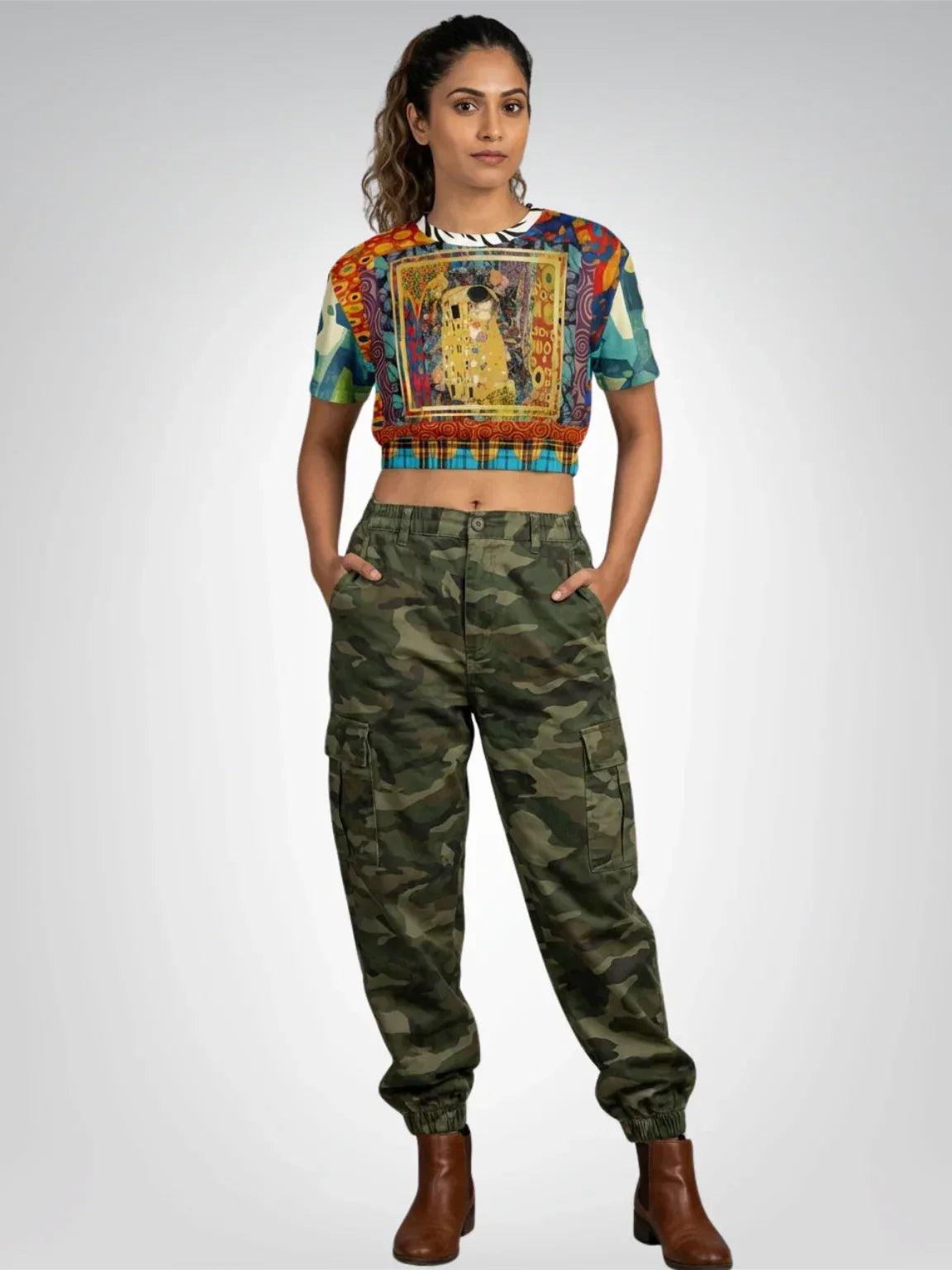 Give Me a Kiss - Klimt - Art Deco Print Eco-Poly Short Sleeve Cropped Pullover