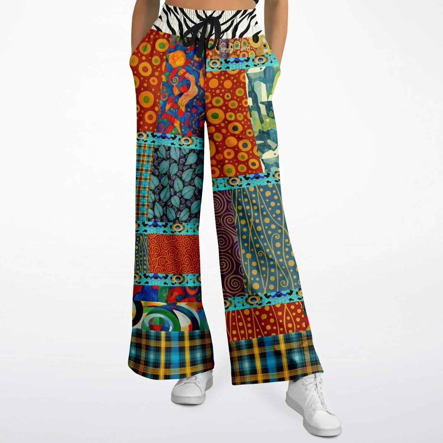 Give Me a Kiss - Klimt - Art Deco Patchwork Print Eco-Poly Wide Leg Pants