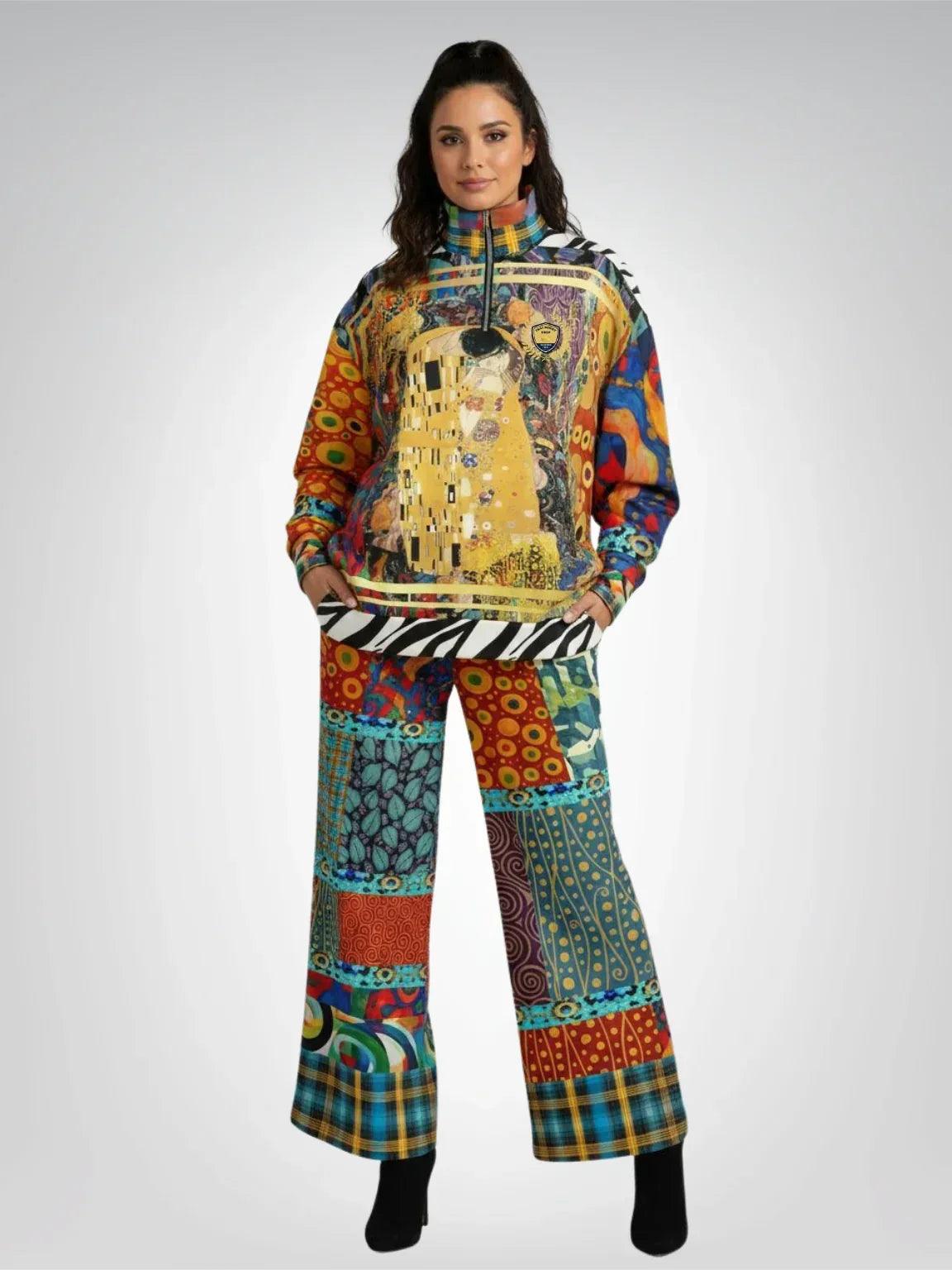 Give Me a Kiss - Klimt - Art Deco Patchwork Print Eco-Poly Wide Leg Pants