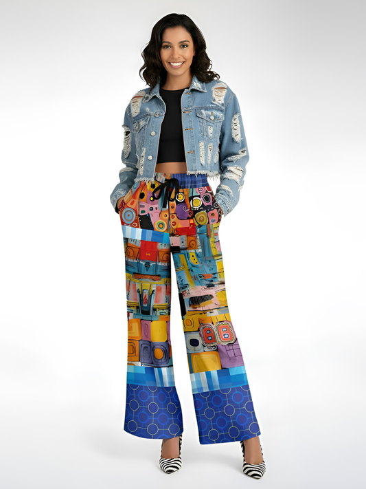 Open Window in Provence Graffiti Print Patchwork Eco-Poly Wide Leg Pants