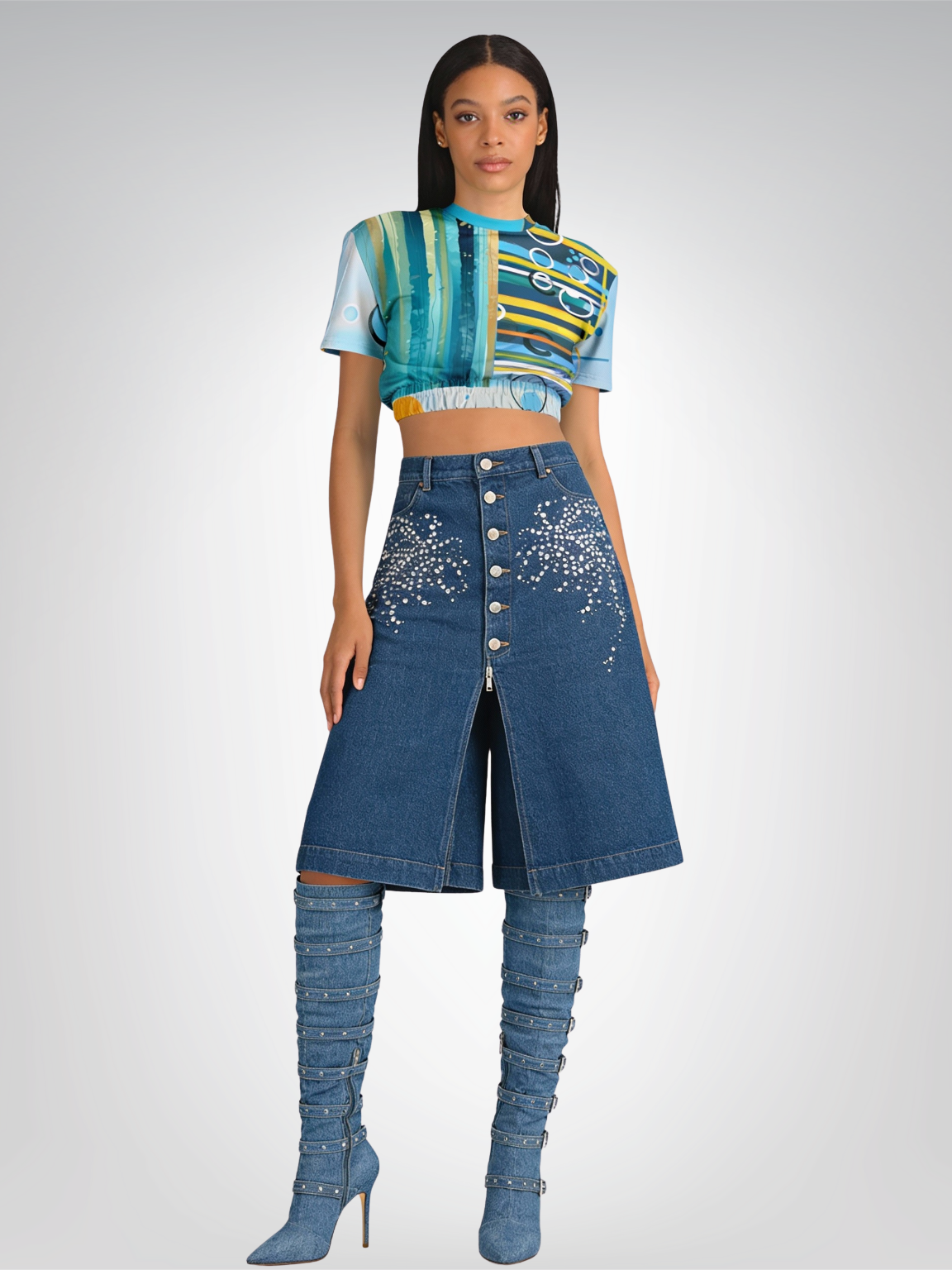 Greek Isles Blue Geometric Eco-Poly Short Sleeve Cropped Pullover