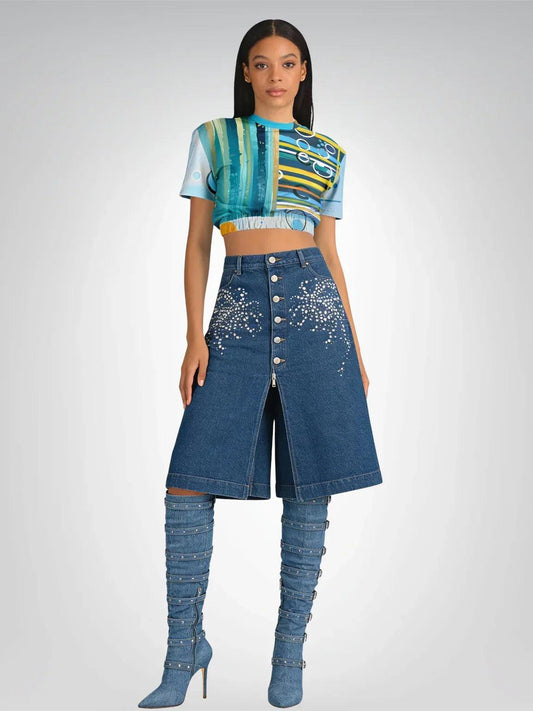 Greek Isles Blue Geometric Eco-Poly Short Sleeve Cropped Pullover