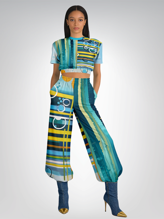 Greek Isles Blue Geometric Eco-Poly Short Sleeve Cropped Pullover