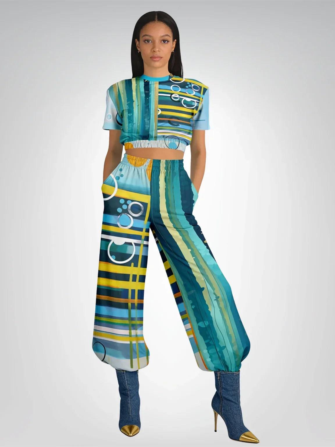 Greek Isles Blue Geometric Eco-Poly Short Sleeve Cropped Pullover