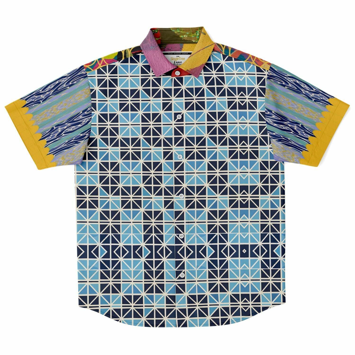 Greek Orthodox Tile in Blue Short Sleeve Button Down Shirt
