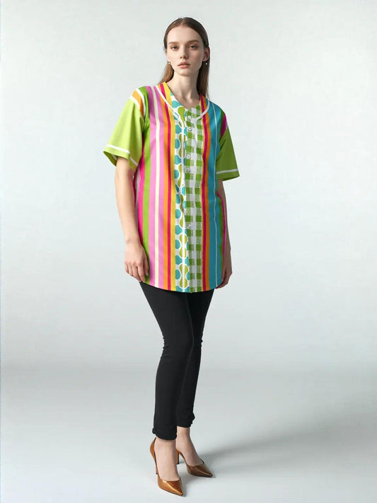 Green Anjou Pear Striped Patchwork Short Sleeve Eco-Poly Baseball Jersey