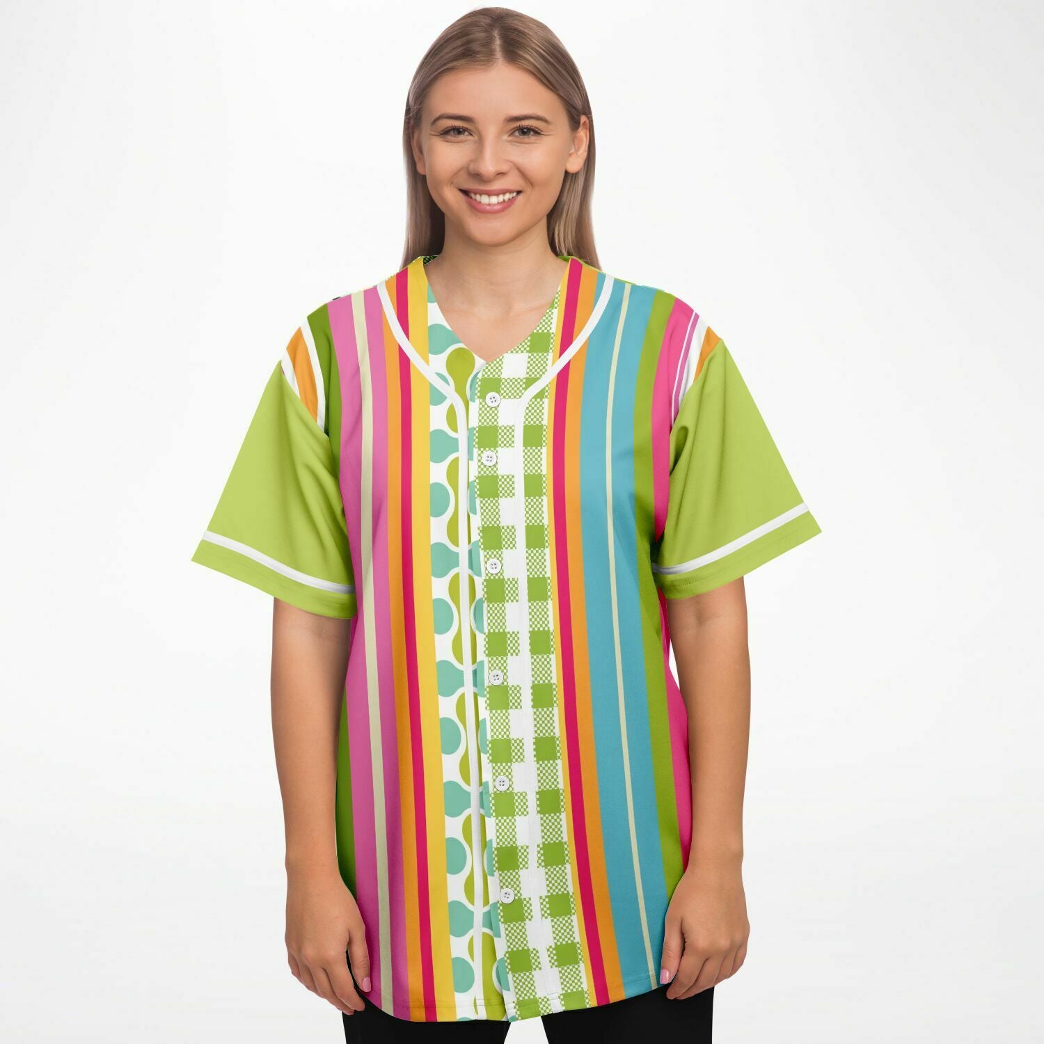 Green Anjou Pear Striped Patchwork Short Sleeve Eco-Poly Baseball Jersey