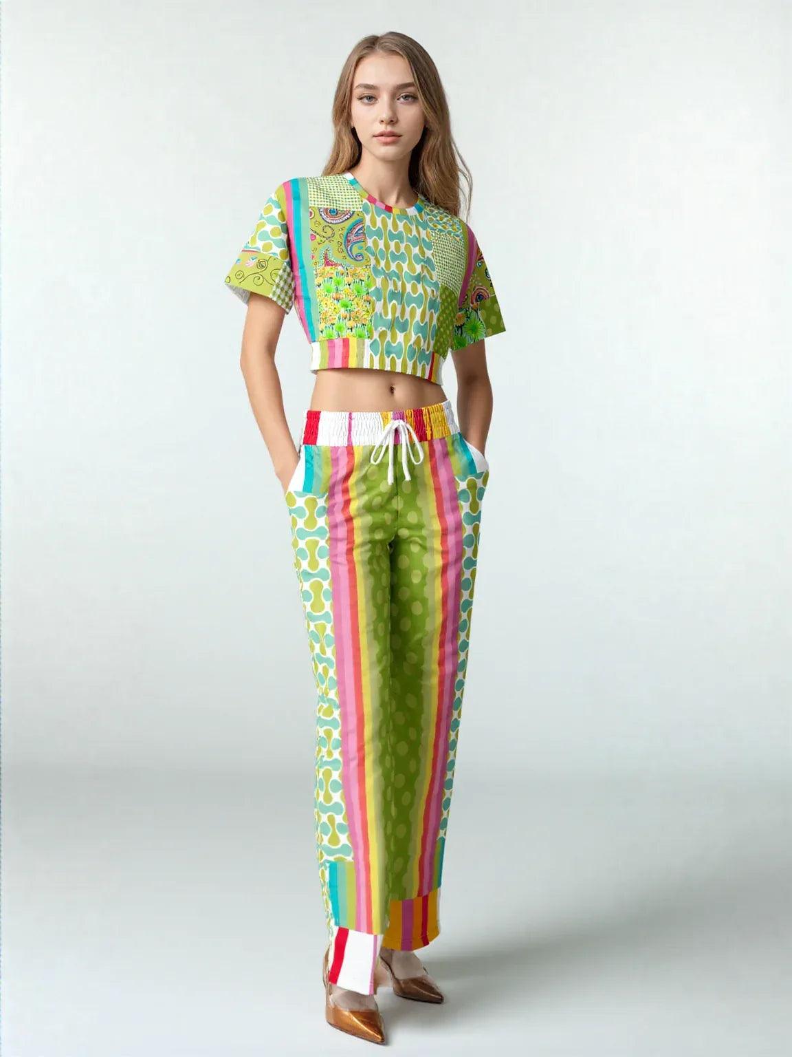 Green Anjou Pear Hobo Patchwork Eco-Poly Wide Leg Pants