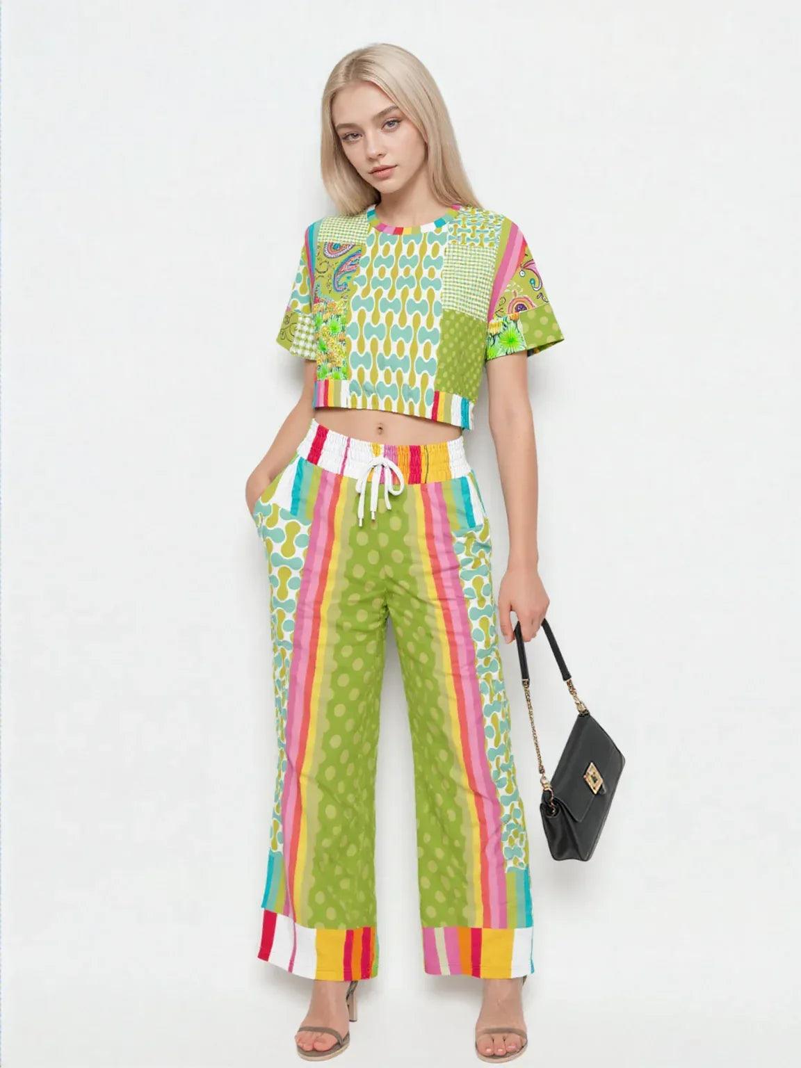 Green Anjou Pear Hobo Patchwork Eco-Poly Wide Leg Pants