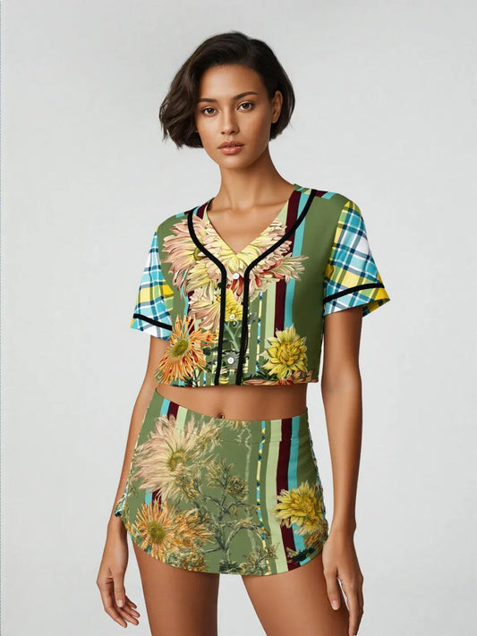 Green Caravan Striped Floral Plaid Eco-Poly Cropped Jersey