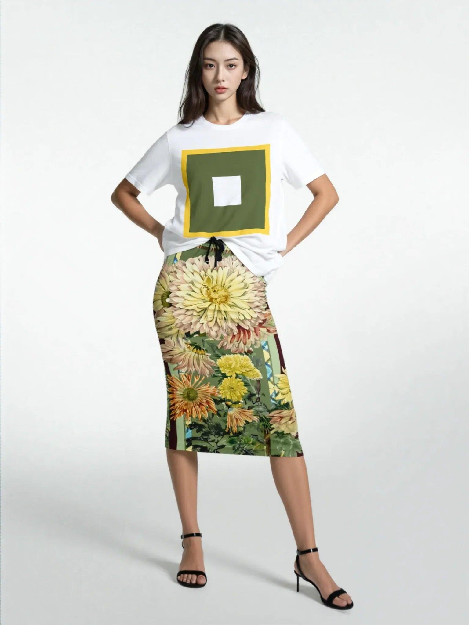Green Caravan Floral Striped Eco-Poly Long Pocket Skirt