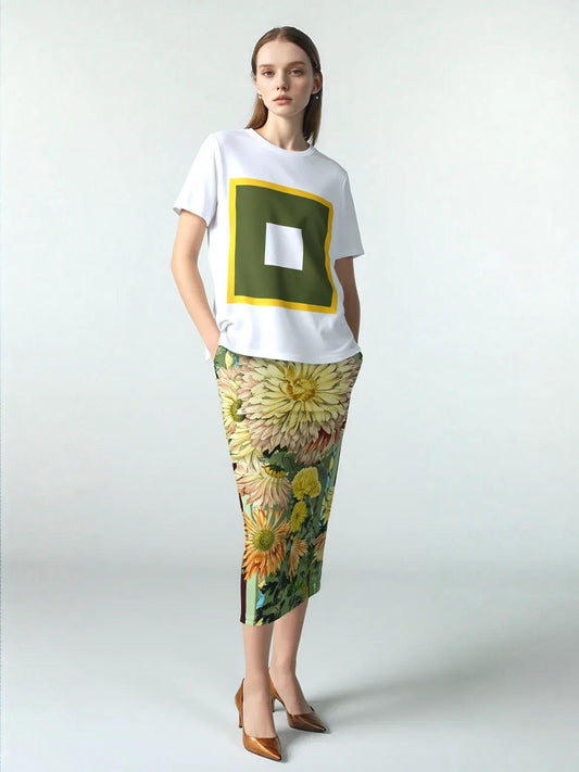 Green Caravan Floral Striped Eco-Poly Long Pocket Skirt