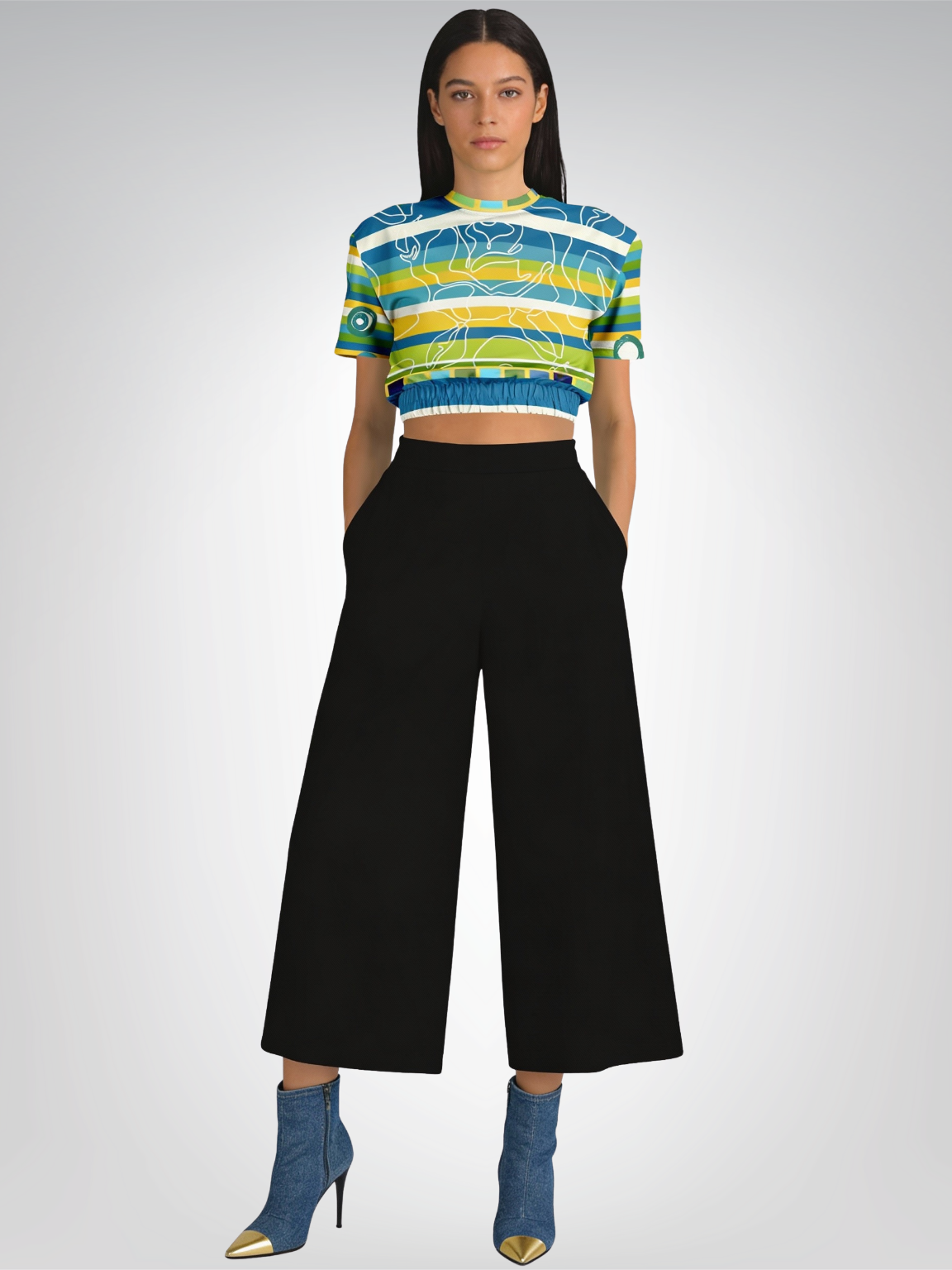 Green Earth Rugby Stripe in Abstract Line Floral Eco-Poly Short Sleeve Cropped Pullover