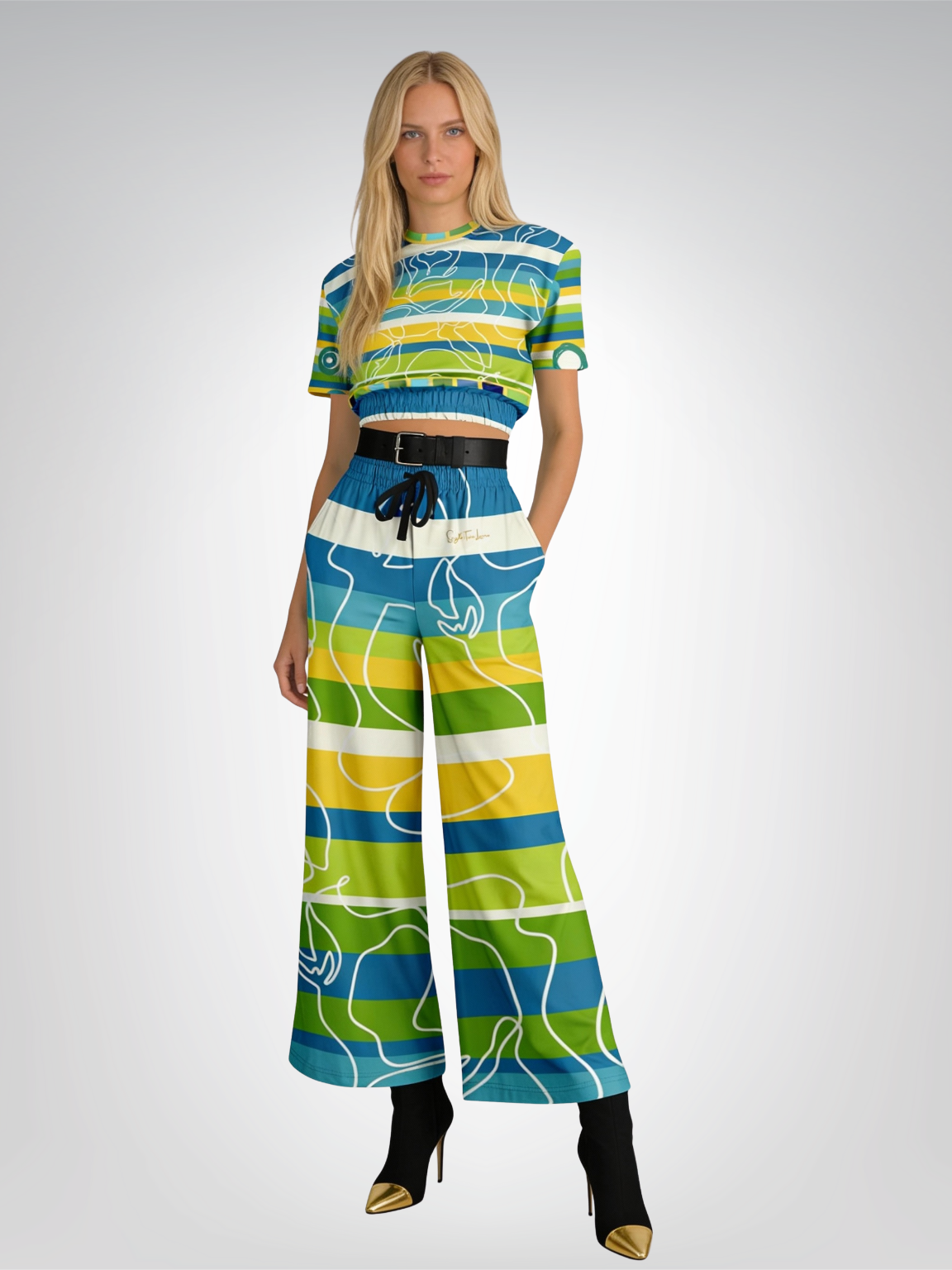 Green Earth Rugby Stripe in Abstract Line Floral Eco-Poly Short Sleeve Cropped Pullover