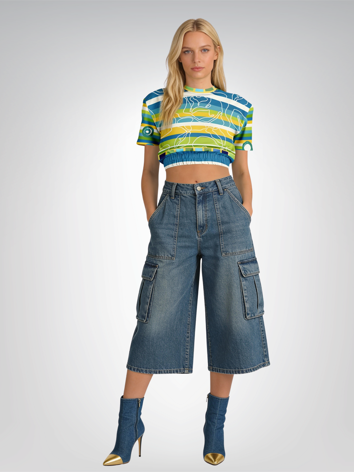 Green Earth Rugby Stripe in Abstract Line Floral Eco-Poly Short Sleeve Cropped Pullover