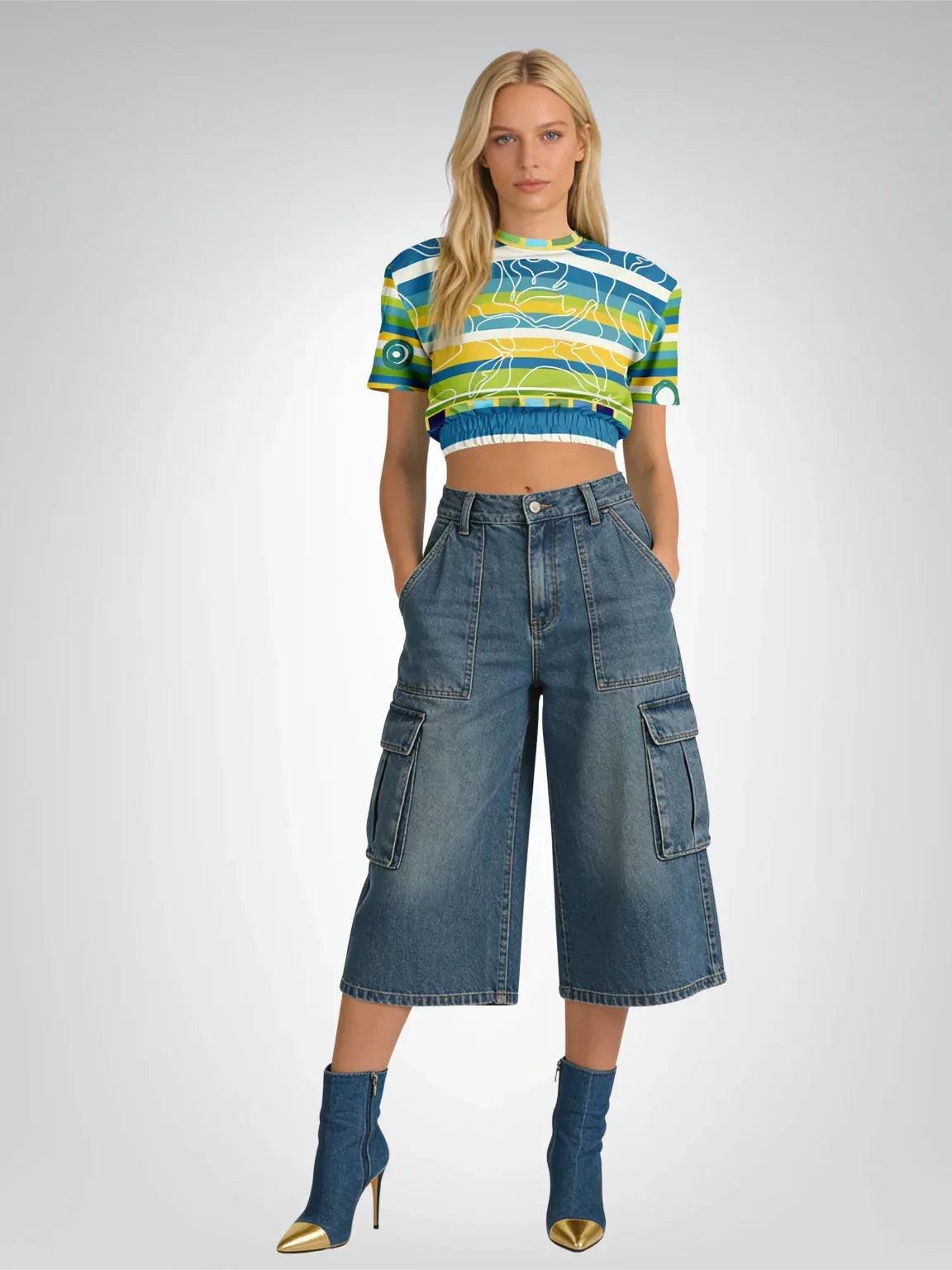 Green Earth Rugby Stripe in Abstract Line Floral Eco-Poly Short Sleeve Cropped Pullover