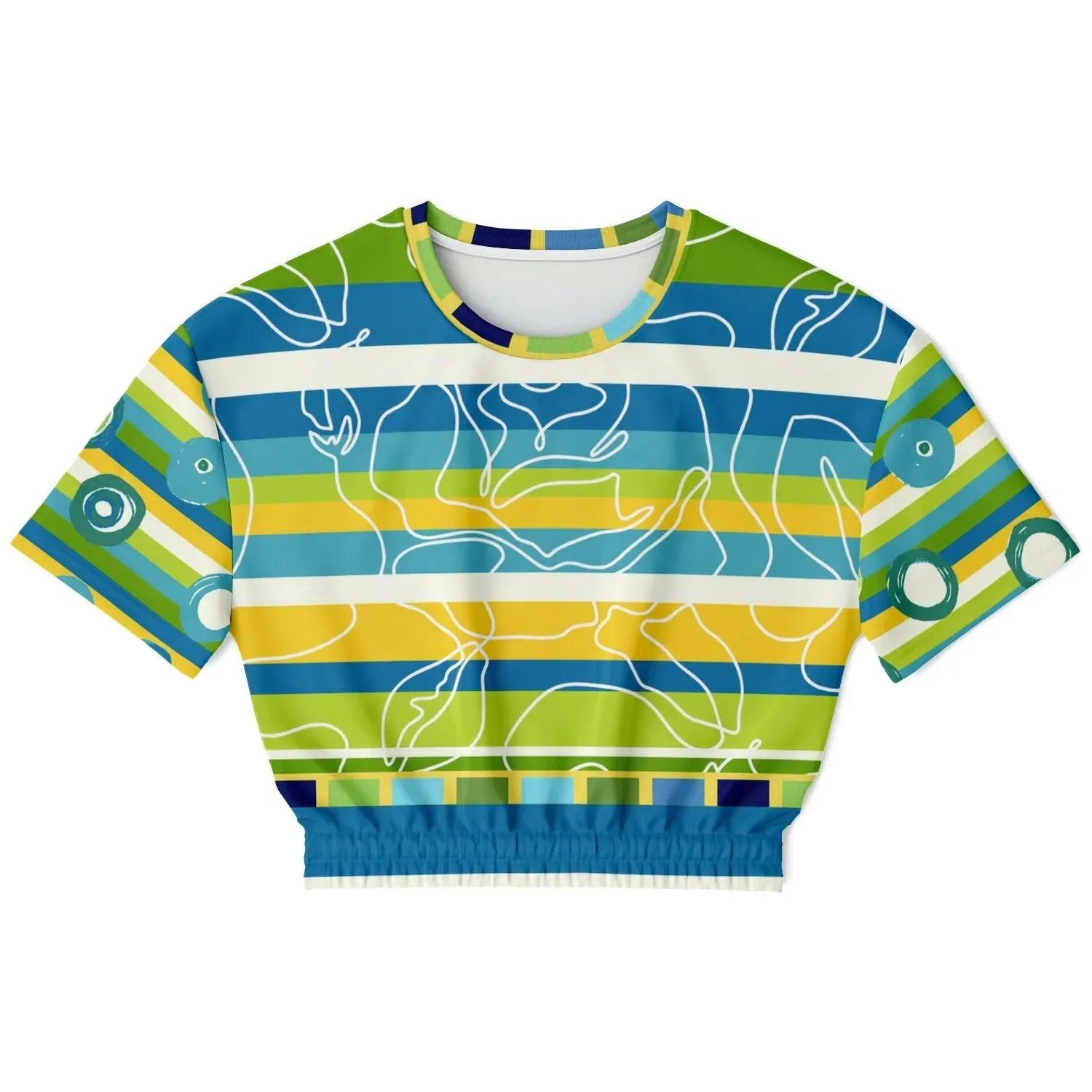 Green Earth Rugby Stripe in Abstract Line Floral Eco-Poly Short Sleeve Cropped Pullover