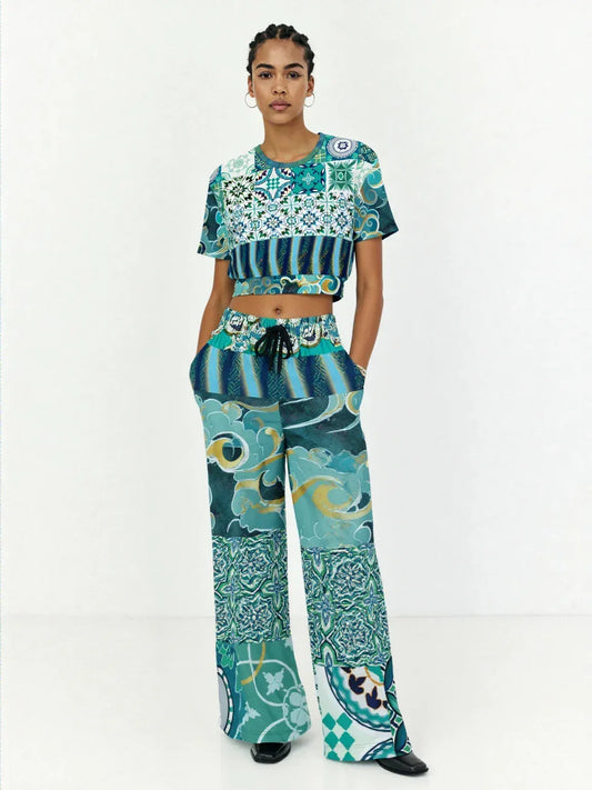 Green Meknes Mosaic Tile Eco-Poly Short Sleeve Cropped Pullover