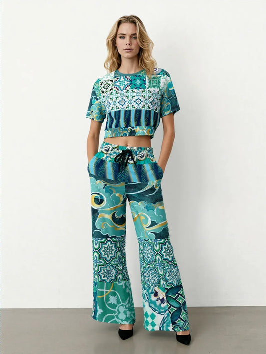 Green Meknes Mosaic Tile Eco-Poly Short Sleeve Cropped Pullover