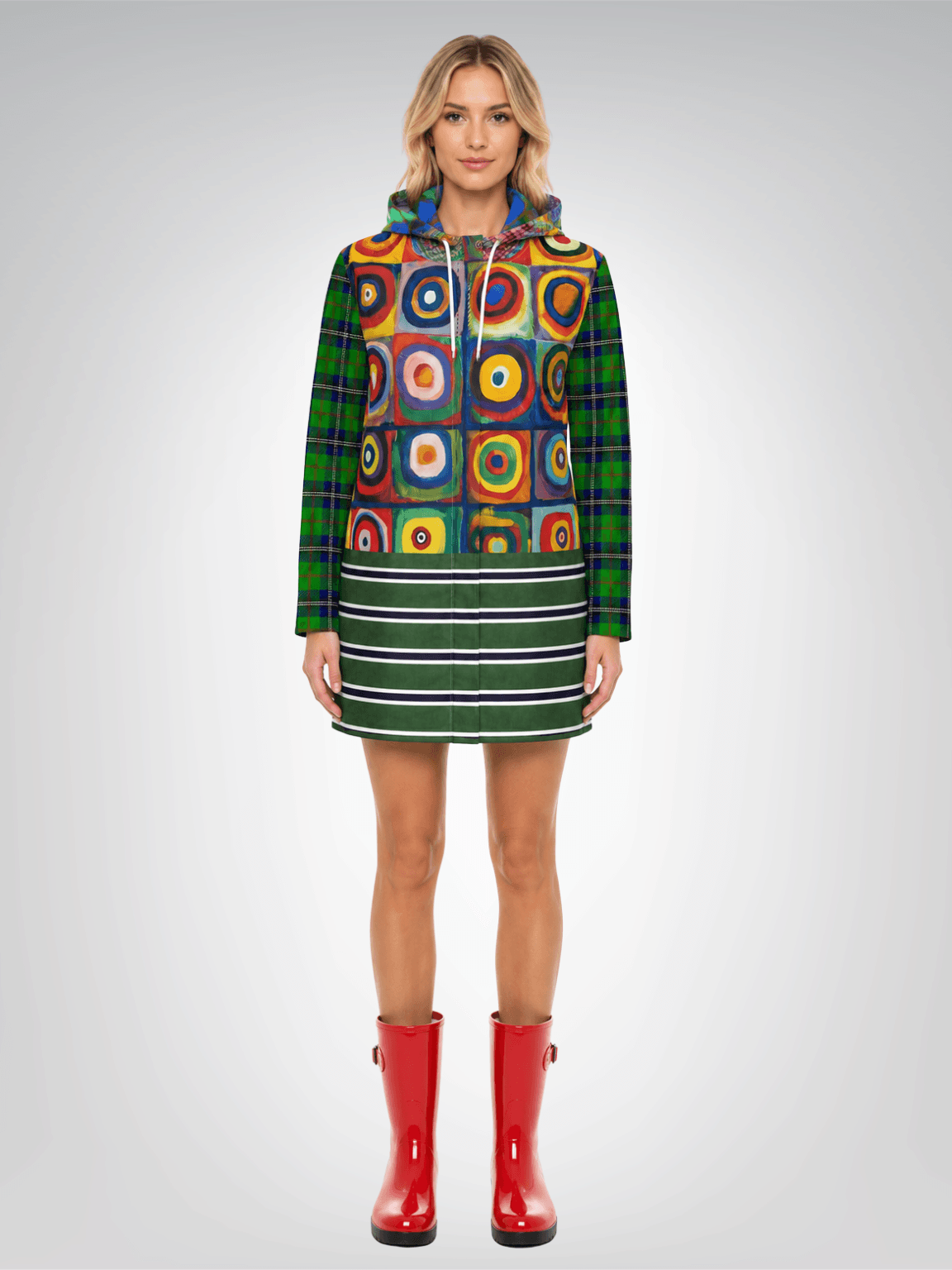 Green Retro Orbit Plaid Stripe Womens Hooded Rain Jacket
