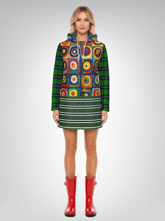 Green Retro Orbit Plaid Stripe Womens Hooded Rain Jacket