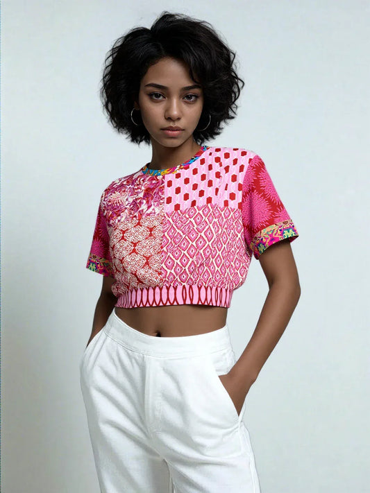 Gypsy Beat Pink Patchwork Eco-Poly Short Sleeve Cropped Pullover