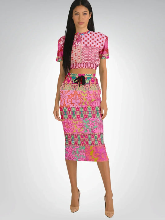 Gypsy Beat Pink Patchwork Eco-Poly Short Sleeve Cropped Pullover
