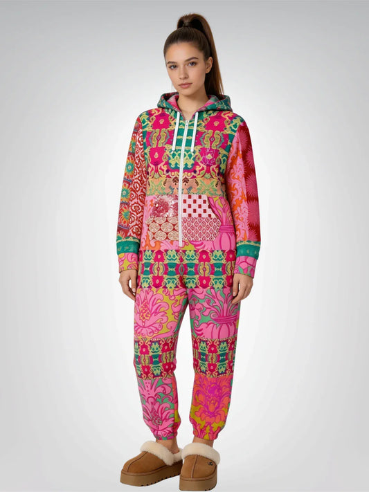 Gypsy Beat Pink Floral Patchwork Unisex Fleece Romper