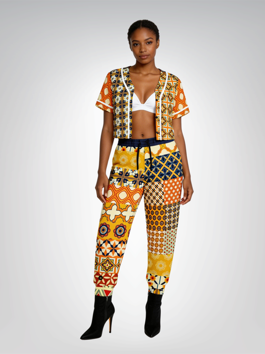 Gypsy Harvest Patchwork Eco-Poly Cropped Button Front Jersey