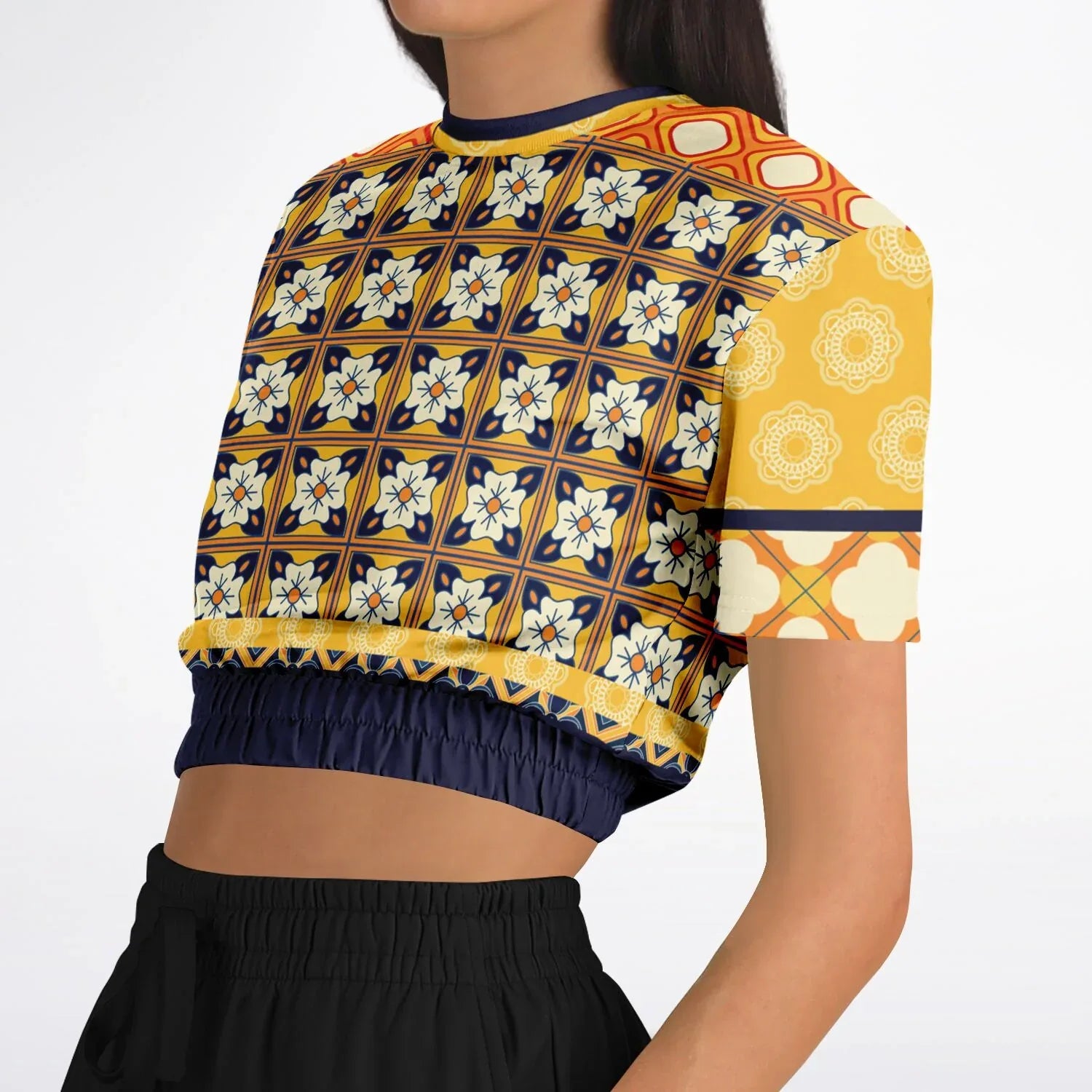 Gypsy Harvest Patchwork Eco-Poly Short Sleeve Cropped Pullover