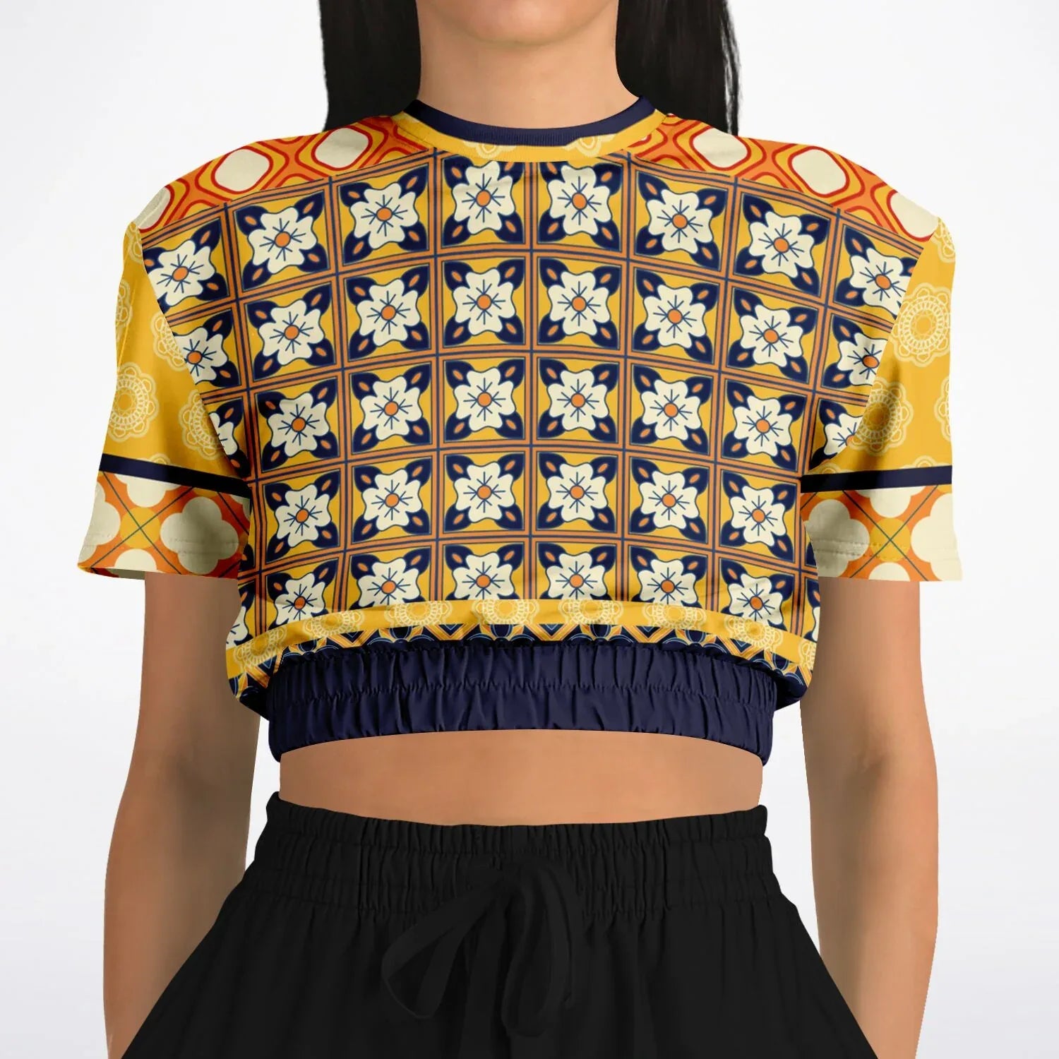 Gypsy Harvest Patchwork Eco-Poly Short Sleeve Cropped Pullover