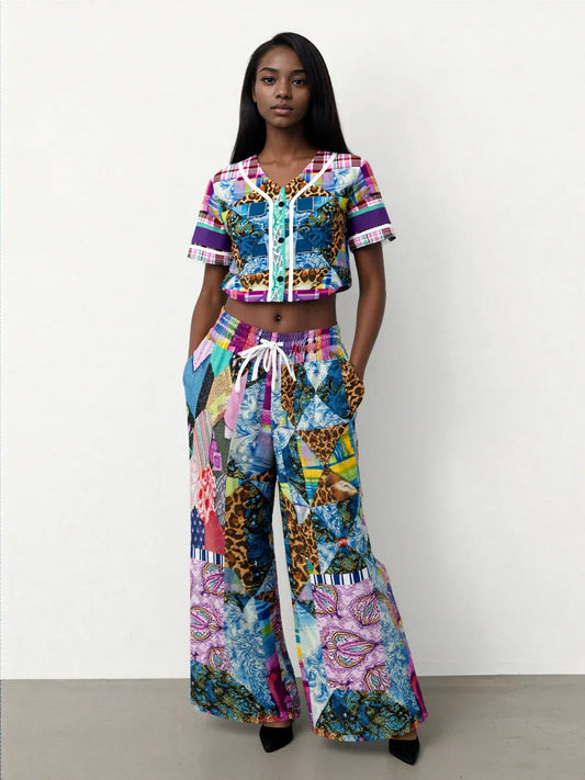 Gypsy Queen Juxtapose Purple Patchwork Quilt Eco-Poly Wide Leg Pants