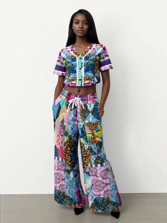 Gypsy Queen Juxtapose Purple Patchwork Quilt Eco-Poly Wide Leg Pants