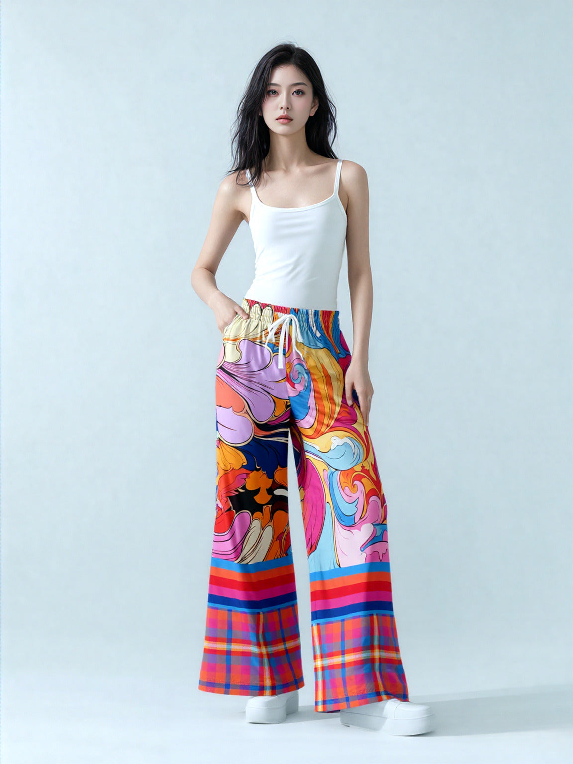 Haight Ashbury Wacky Floral Plaid Paisley Eco-Poly Wide Leg Pants