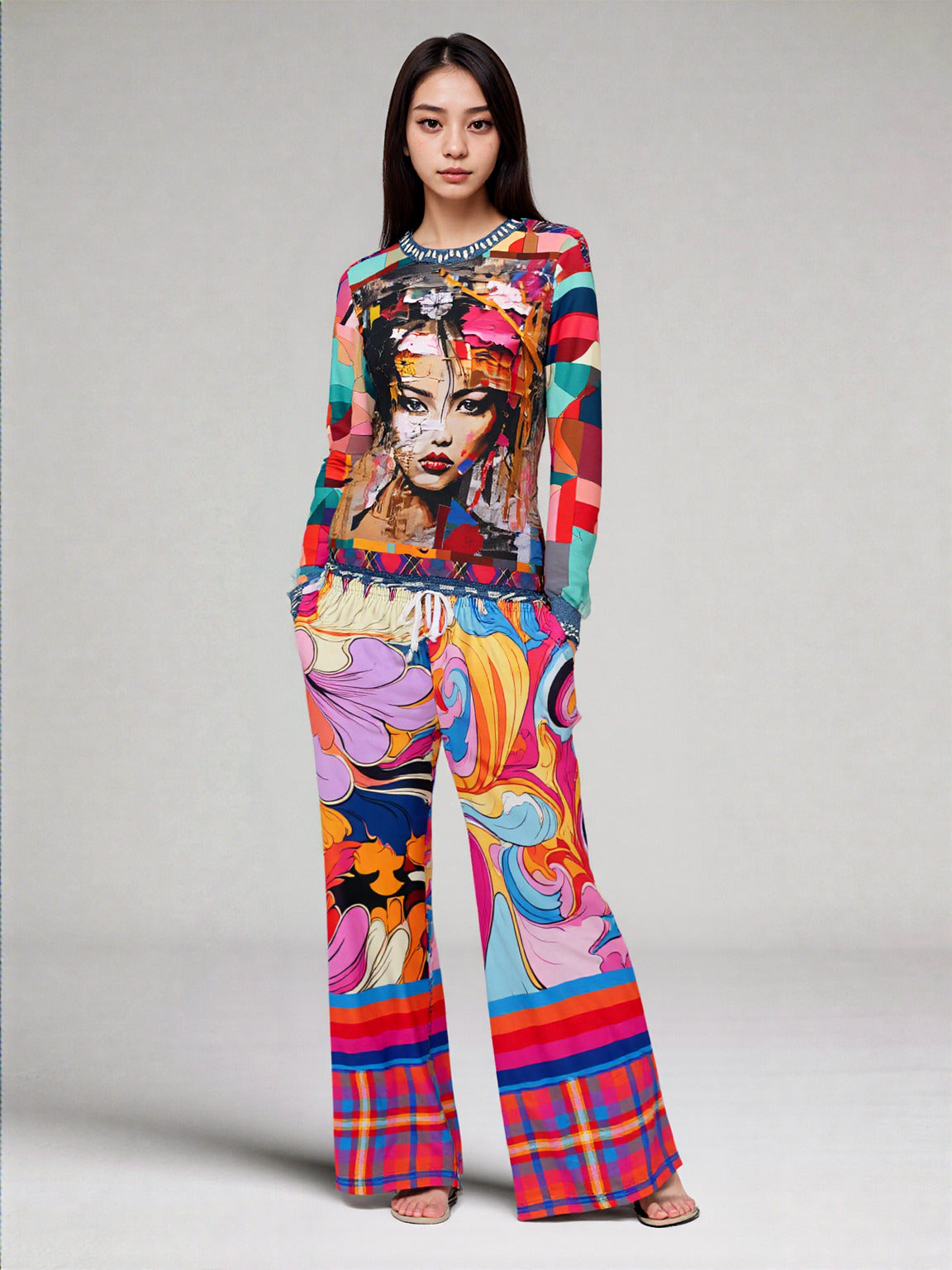 Haight Ashbury Wacky Floral Plaid Paisley Eco-Poly Wide Leg Pants