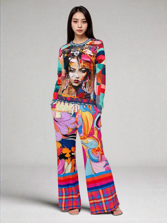 Haight Ashbury Wacky Floral Plaid Paisley Eco-Poly Wide Leg Pants