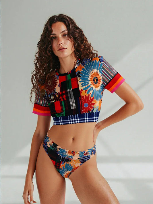 Haphazard Blue Floral Stripe Eco-Poly Short Sleeve Cropped Pullover