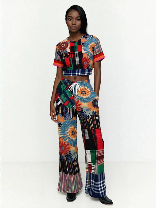 Haphazard Blue Floral Stripe Eco-Poly Wide Leg Pants