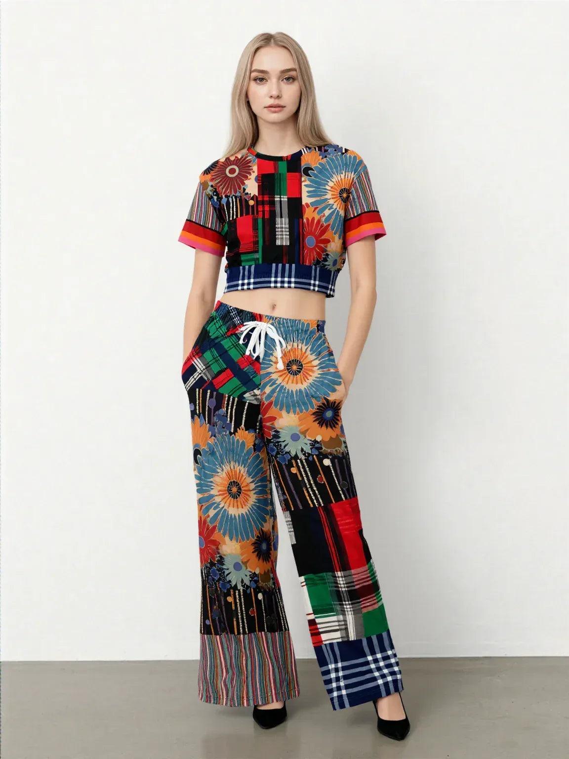 Haphazard Blue Floral Stripe Eco-Poly Short Sleeve Cropped Pullover