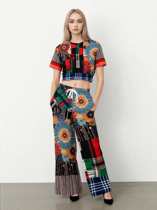 Haphazard Blue Floral Stripe Eco-Poly Wide Leg Pants