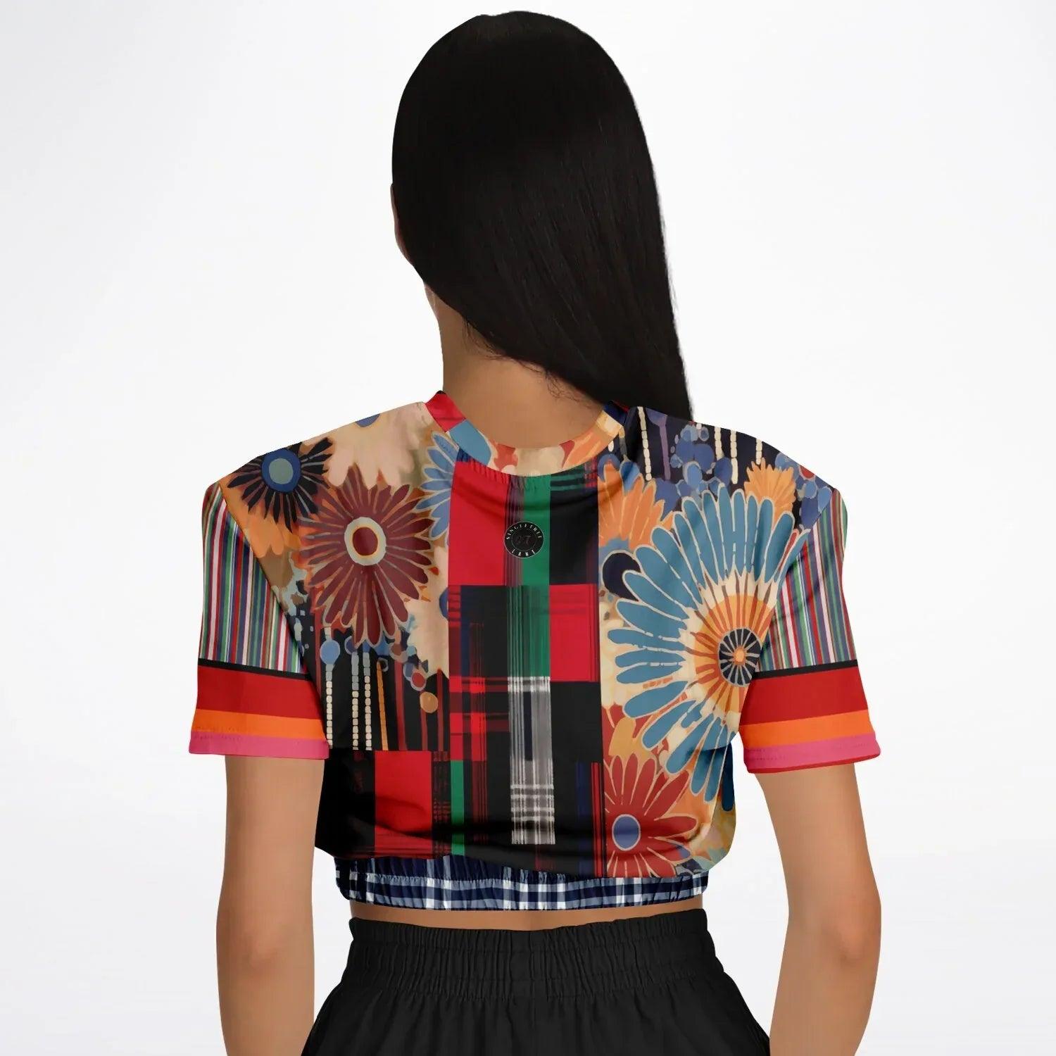 Haphazard Blue Floral Stripe Eco-Poly Short Sleeve Cropped Pullover
