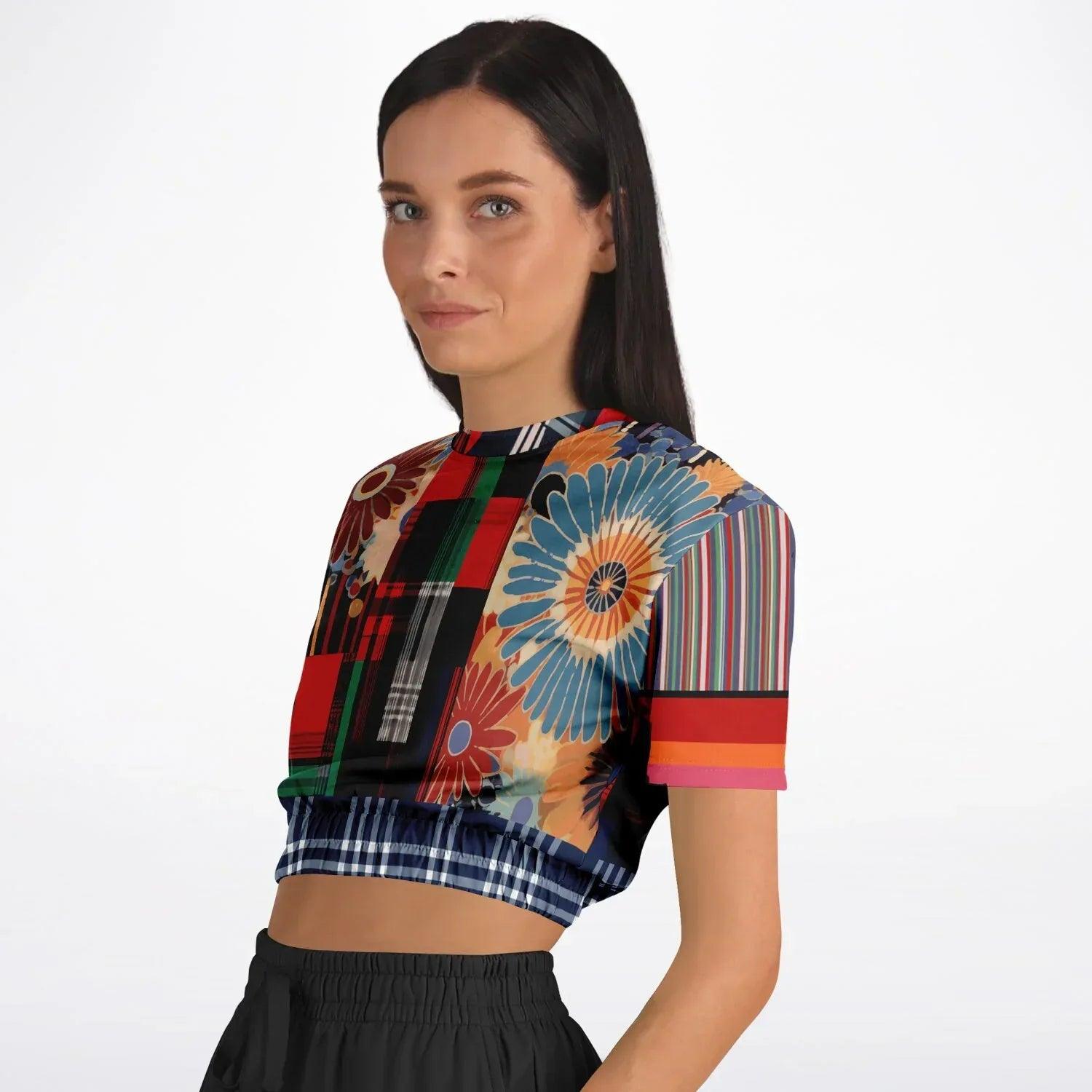 Haphazard Blue Floral Stripe Eco-Poly Short Sleeve Cropped Pullover