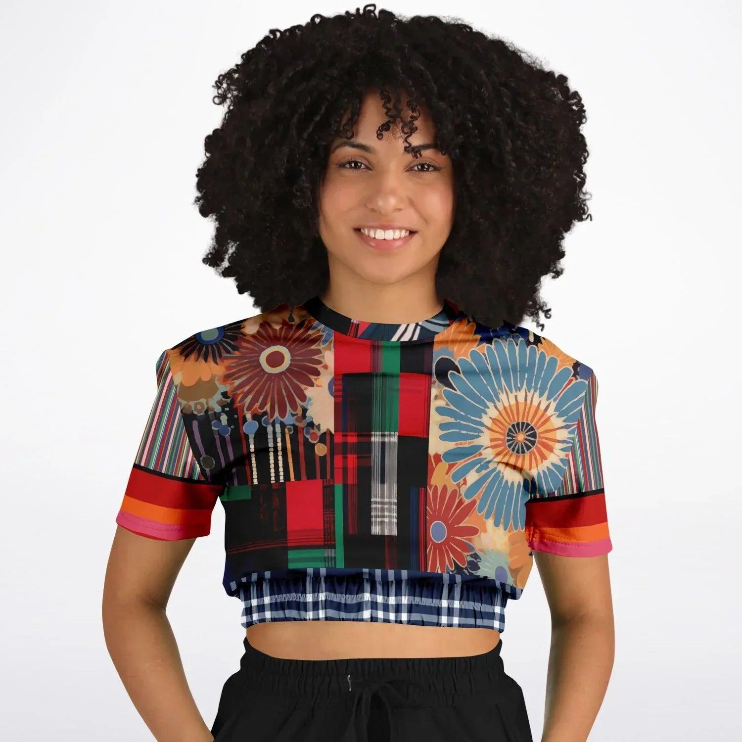Haphazard Blue Floral Stripe Eco-Poly Short Sleeve Cropped Pullover