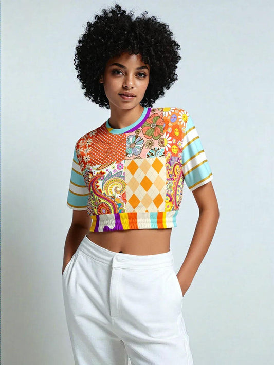 Happy Valley Retro Floral Patchwork Eco-Poly Short Sleeve Cropped Pullover