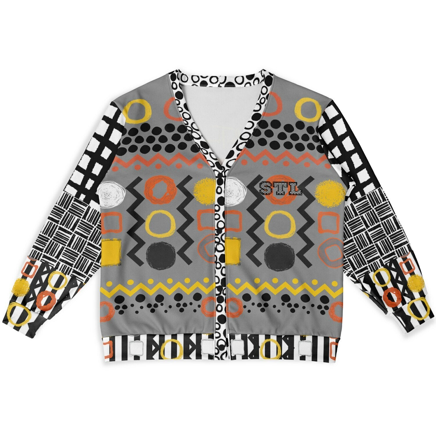 Black Stripe and Bright Geometric in Dark Grey Heavyweight Unisex Cardigan